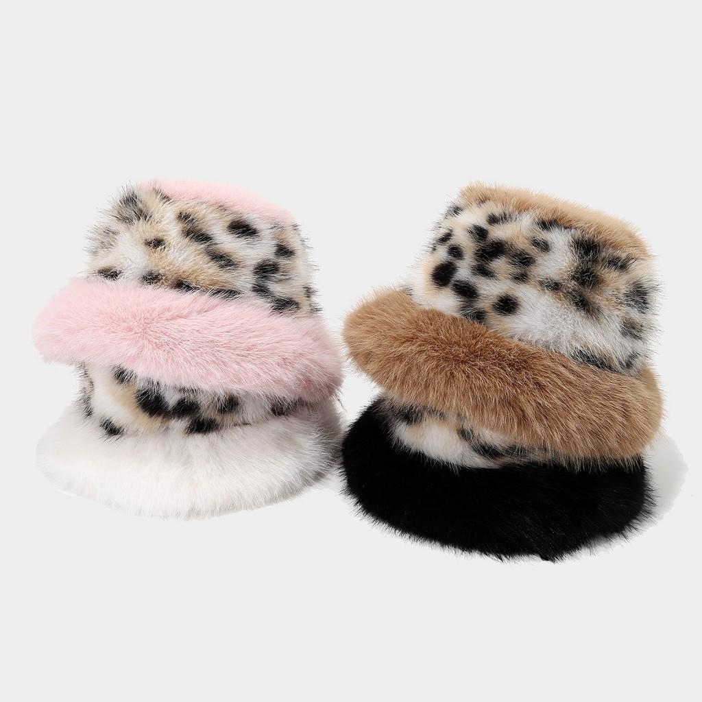 Polyester Furry Leopard Print Fisherman Hat With Wide Brim For Winter Fashion