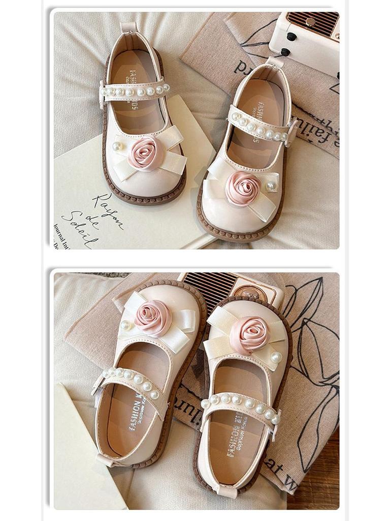 Children's Rose Floral Pearl Mary Jane Shoes - Non-slip, Stylish Spring/Autumn Leather Princess Shoes