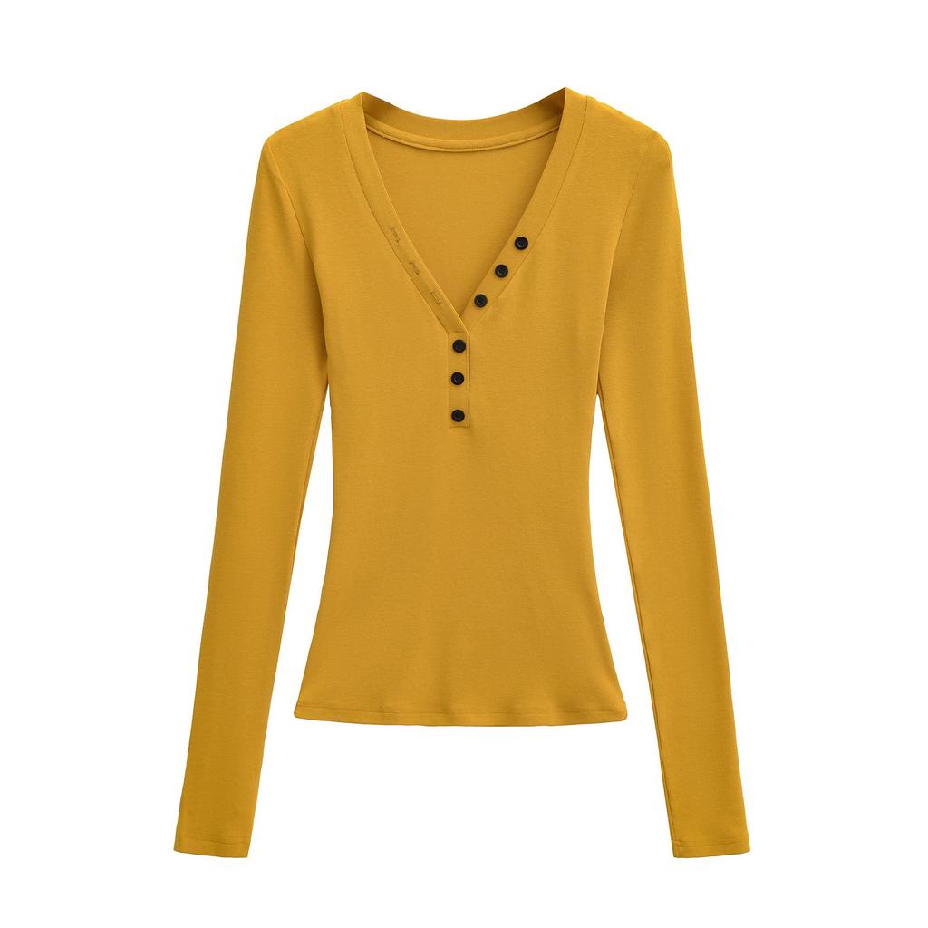 Spicy Lazy Girl V-neck Button Long Sleeve Women's Autumn/Winter Base Layer Elastic Fit T-shirt