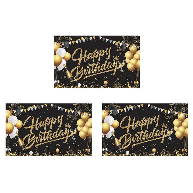 

3X Birthday Backdrop Banner Black Gold Backdrop Sign Happy Birthday Party Decoration Set For Girls Men Women Celebration-B61B 60 x 240cm