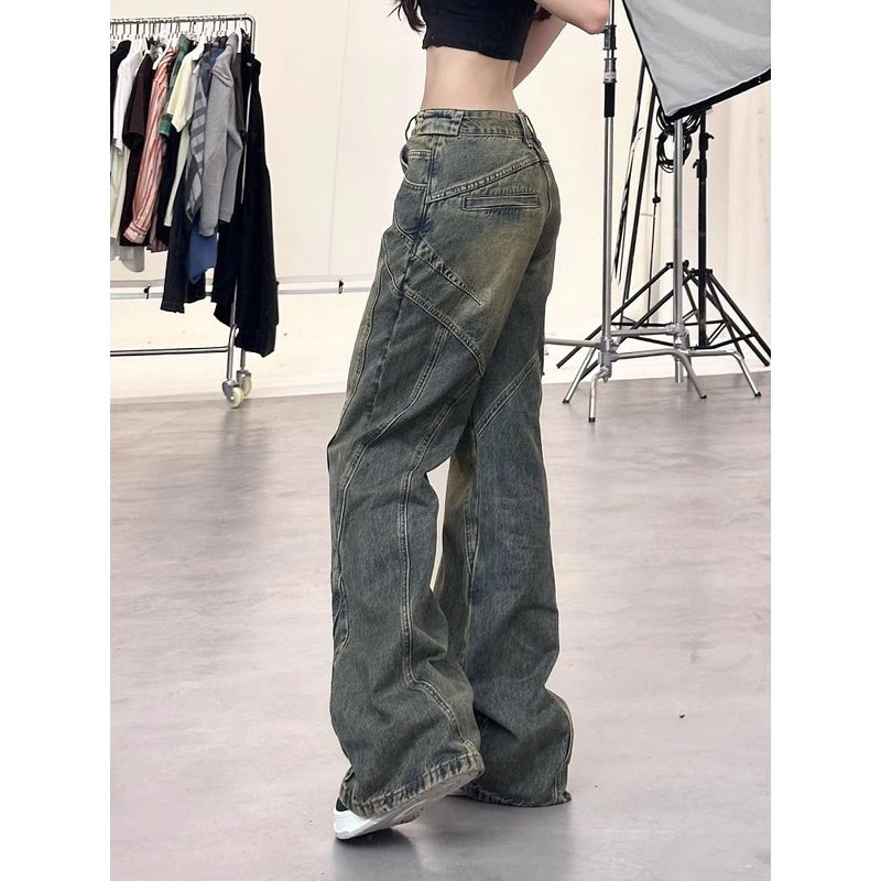 

Fashion Y2g Sexy Denim Female Spring/Summer 2025 New Arrival Plus Size Plus Size Ladies Straight Drooping Wide Leg Mop Pants Blue Grey [High Quality]] 3XL [75.00 kg-90.00 kg]]