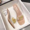 Fashion Gold Rhinestone Beading Transparent Slippers Women High Heels Sandalias Mujer Summer Shoes Clear Band Flip Flops Big Size 34-42