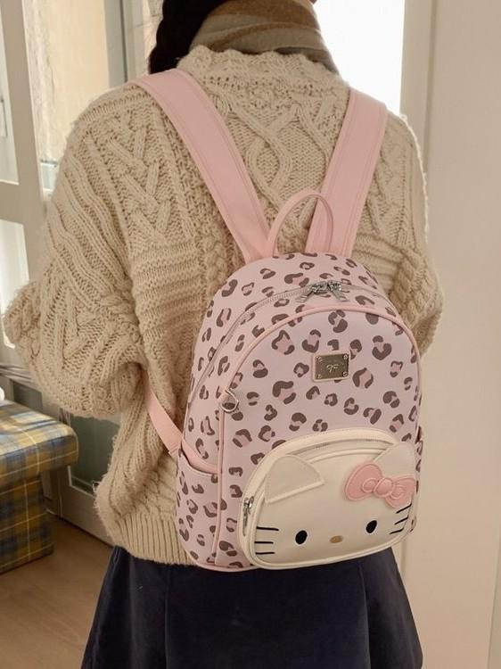 Hello Kitty Cute Leopard Print Pu Backpack With Multiple Compartments For Teens