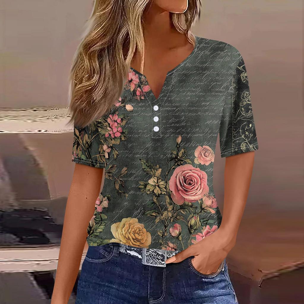 Women's T Shirt Tee Print Button Short Sleeve Daily Weekend Fashion Basic V- Neck Regular Top