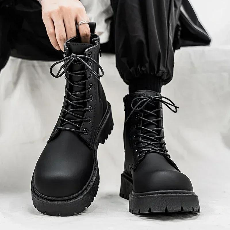 Mens High-top Boots High Quality Leather Casual Boots British Style Lace Up Ankle Boots Non Slip Platform Boot Botas Para Hombre