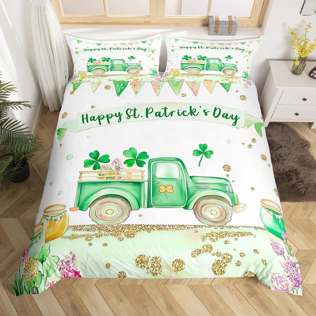 St.Patrick'S Day Duvet Cover Twin Queen Lucky Clover Leaves Bedding Set For Boys Girls Cartoon Comforter Cover With 2 Pillowcase