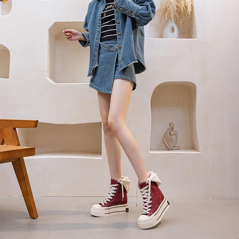 12CM Thick Sole High Heel Canvas Shoes: 2025 Autumn/Winter Hooded Lace-Up Women's Trend