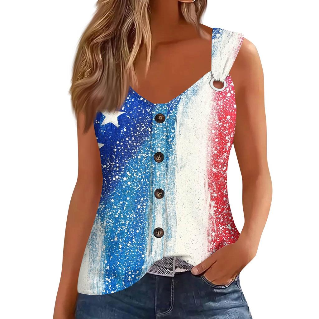 Women's Fashion Casual Loose Sleeveless Buttoned V-Neck Independence Day Printed T-Shirt Top