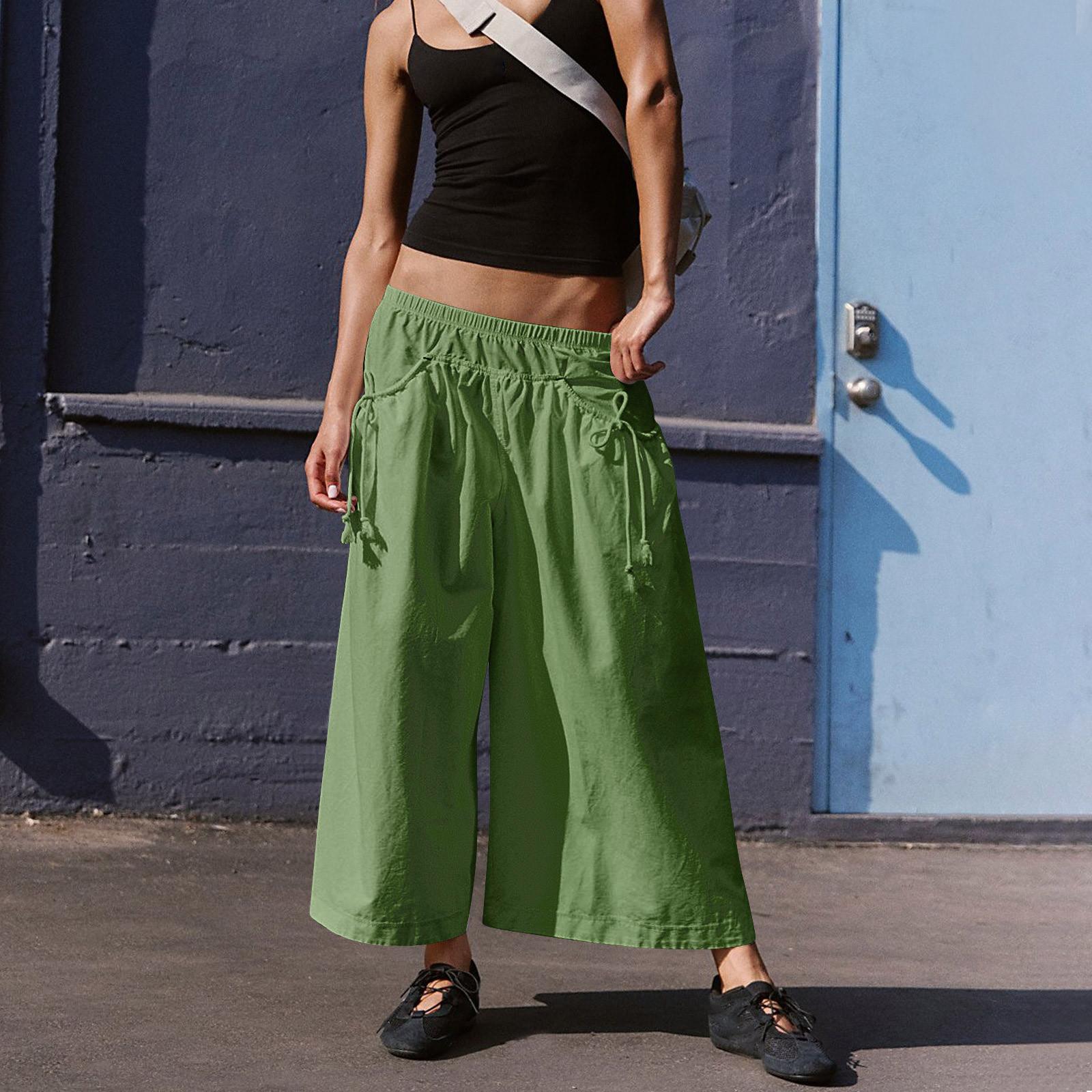 

Women s Loose Wide Leg Track Pants Step By Step Pants Summer Wide Leg Casual Pant With Big Ruched Pockets XXL зелений