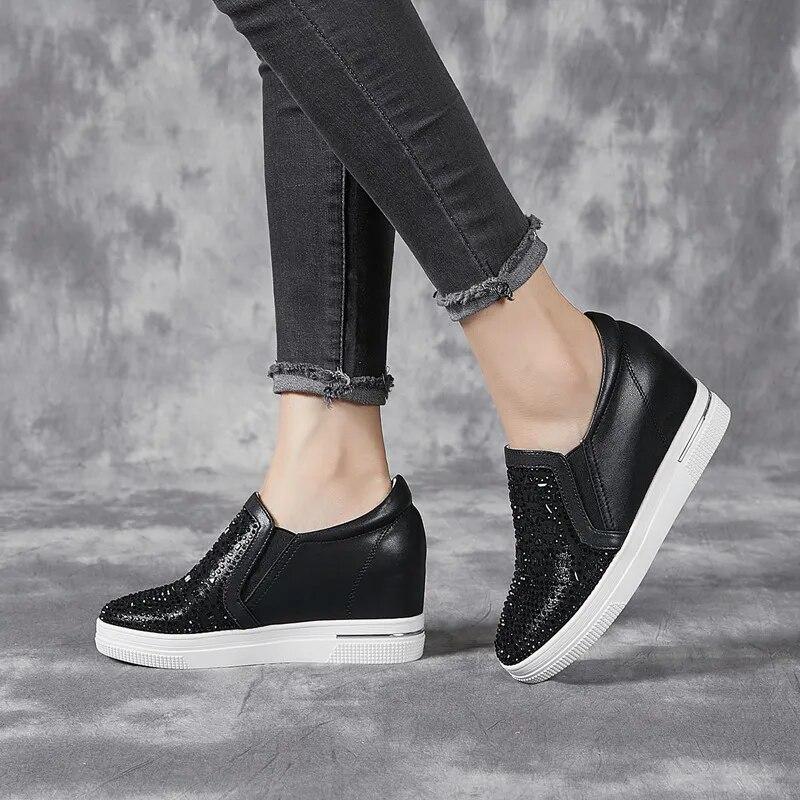 Fujin 7cm Synthetic Boots Women Genuine Leather Spring Sexy Fashion Ankle Platform Wedge Bling Rhinestones Pumps Autumn Boots