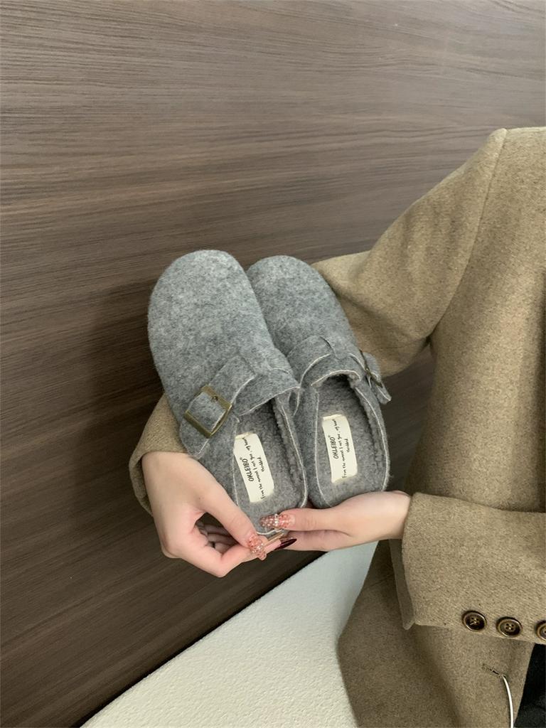 New Women Slippers Mules Fur Women Shoes Winter New Buckle Flats Platform Walking Plush Ladies Slides Casual Warm Indoor Boots