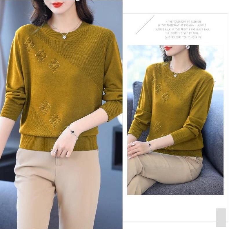 Women's Thin Crew Neck Knit Sweater Spring and Autumn Loose Solid Color Knit Pullover Top