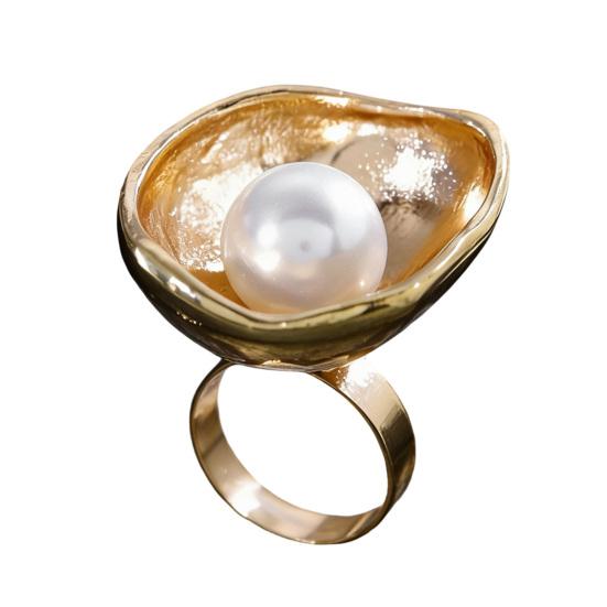Finger Ring Imitation Pearl Embellishment Artistic Irregular Shape Wide Double-Strip Design Women Ring Anti-Oxidation Jewelry