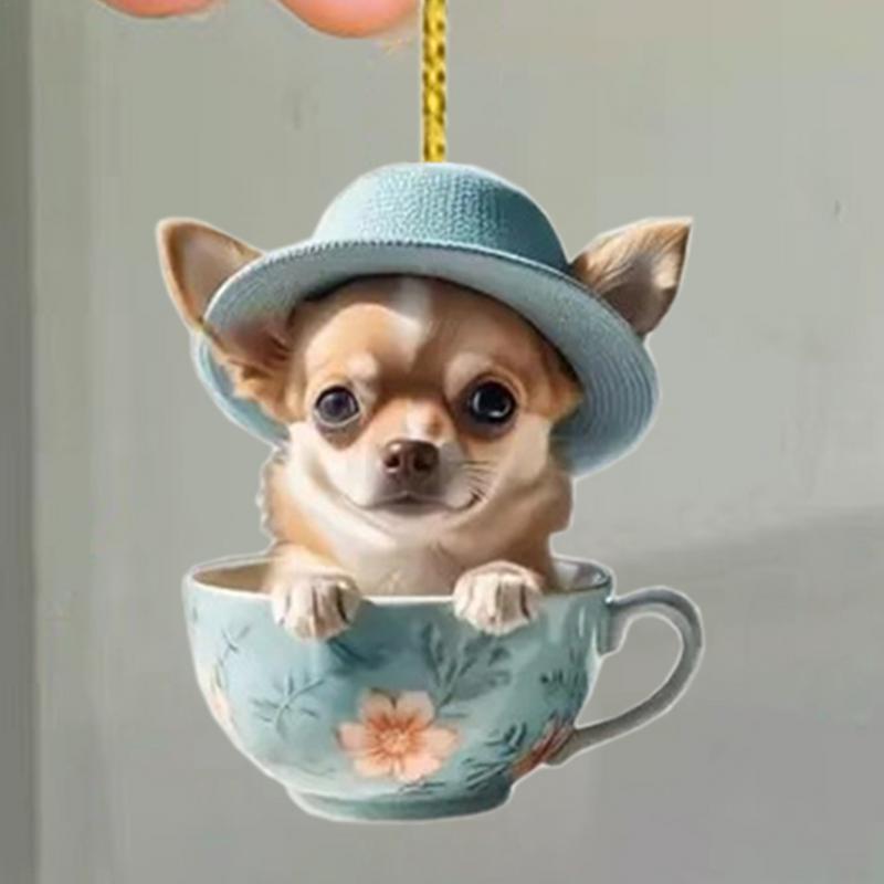 Car Dog Pendant For Rearview Mirror Car Decoration Dog Cup Design 2D Flat Acryli Car Rear View Mirror Decor Cute Car Ornament
