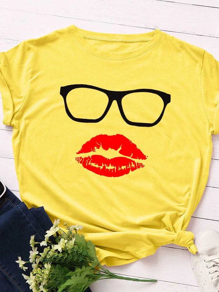 Glasses Red Lip Print Women T Shirt Short Sleeve O Neck Loose Women Tshirt Ladies Tee Shirt Tops Clothes Camisetas Mujer