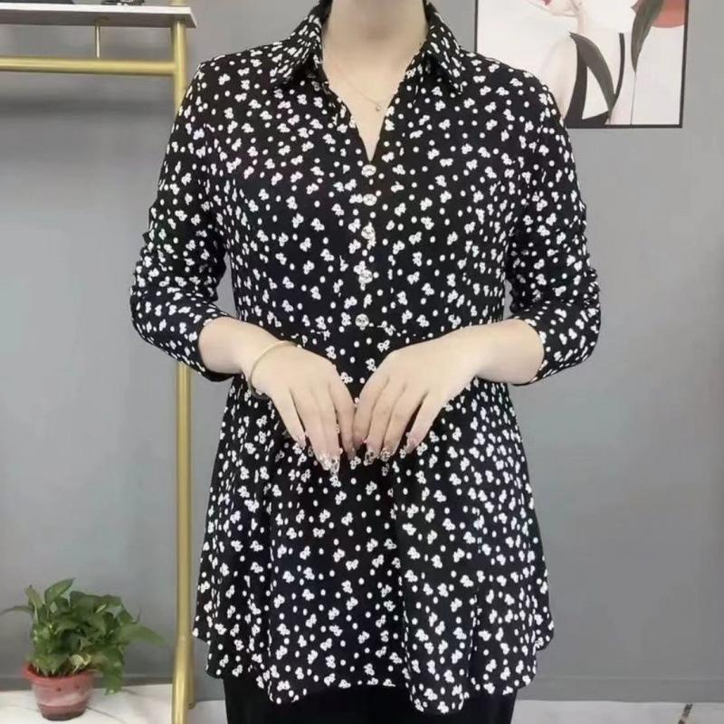 Damen Frühling und Herbst Übergröße Temperament Neun-Viertel-Ärmel Basishemd, Künstlerisches Retro-Oberteil für mittelalte und ältere Frauen XXS gray