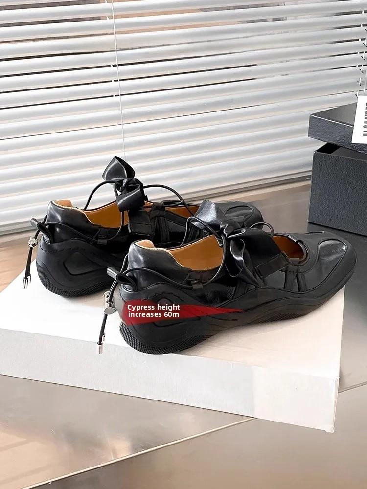 Leather Version Small Fashionable Ballet Style Casual Sports Shoes Women Thick Bottomed Mary Janes Silver Color with Bow Tie