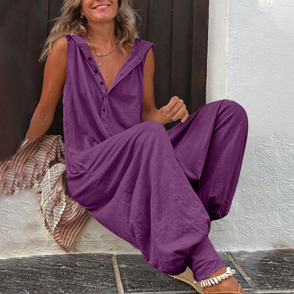 2025 Damenmode Ärmelloser Kapuzen-Jumpsuit mit langen Harems-Hosen