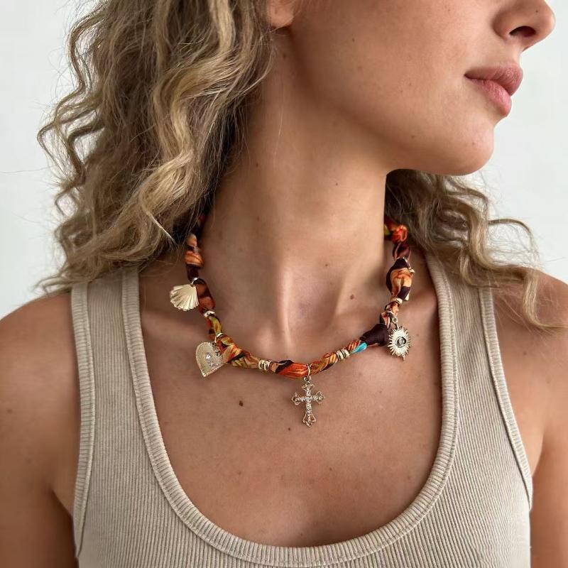 3Pcs/Set Bohemian Printed Fabric Necklace Women Vintage Starfish Conch Pendant Necklace Jewelry