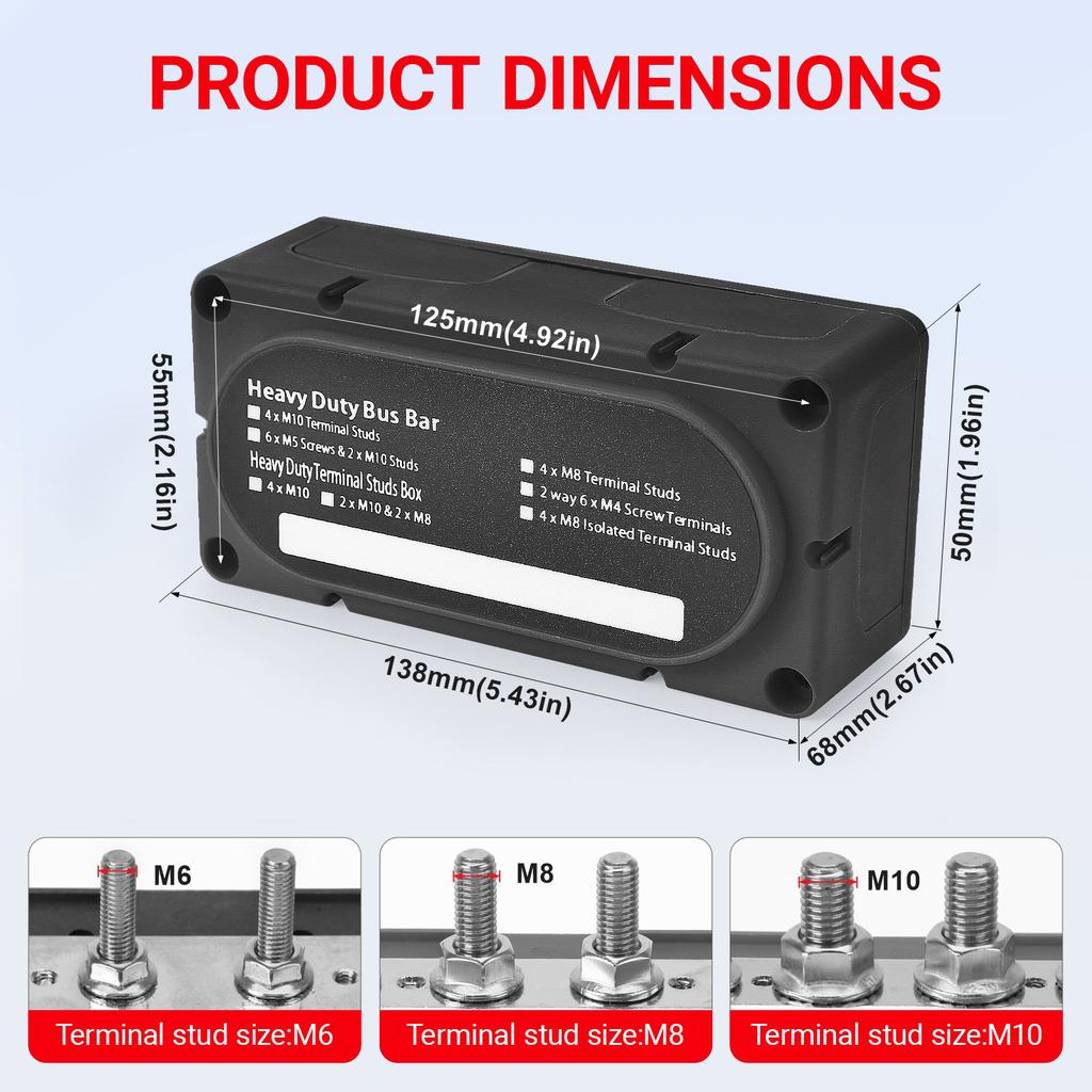 Power Distribution Block Module Heavy Duty Bus Bar 4 Studs Single Row 12-48V Copper Nickel Nylon M6 M8 M10 For Truck Car Boat