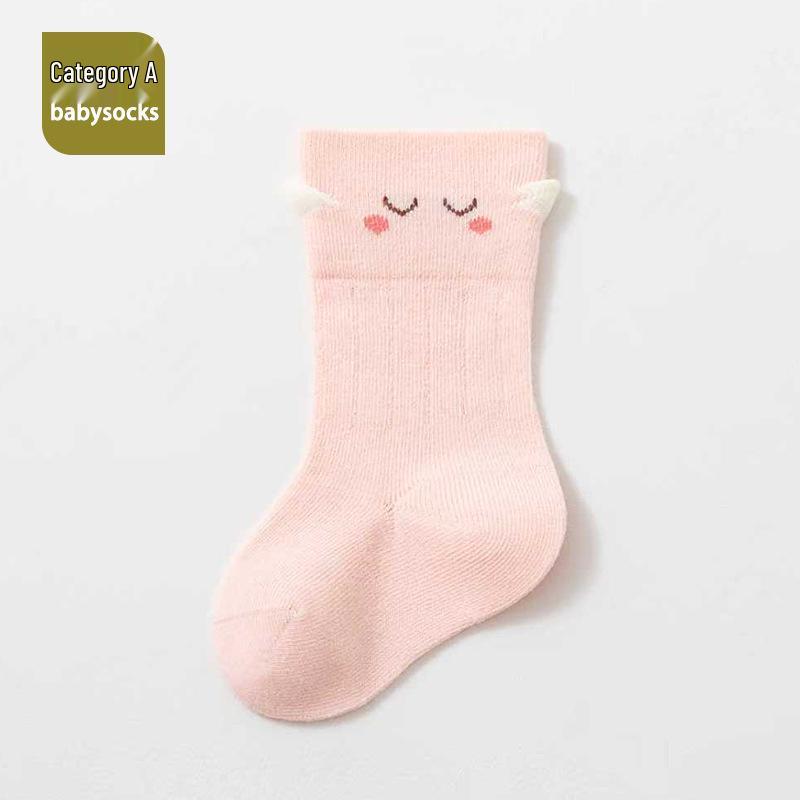 Spring & Summer Thin Combed Cotton Baby Socks, 0-1 Year, Cartoon 3D, Seamless Mid-Calf with Loose Cuff