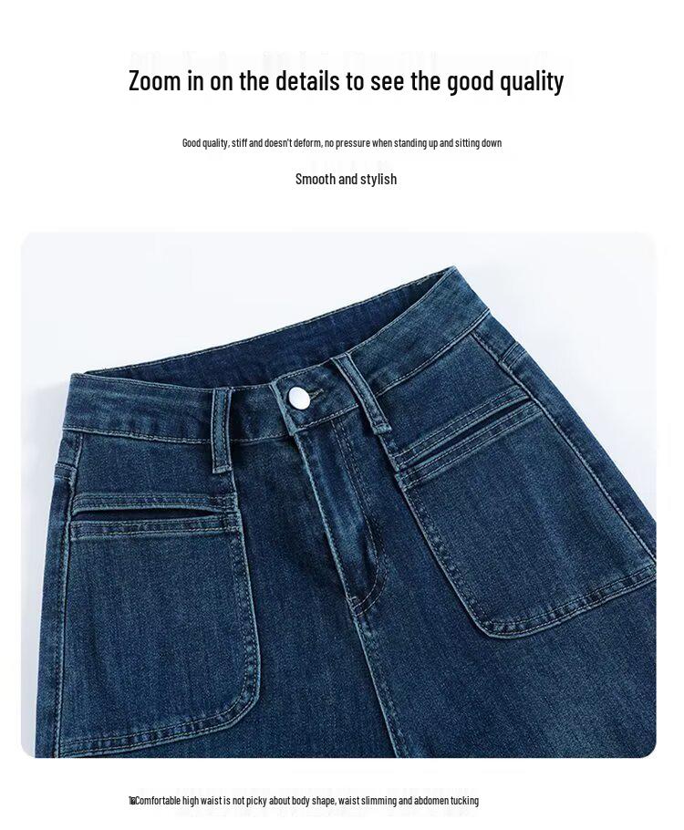 Women's Retro Blue High Waist Wide Leg Jeans - Petite, Loose, Straight Floor-Length for Spring and Autumn