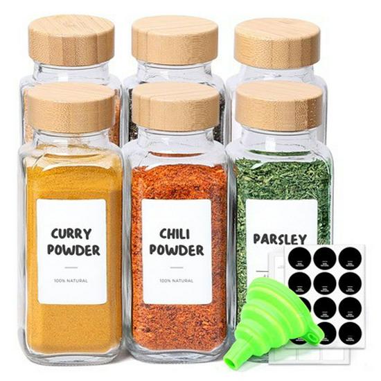 8oz Large Square Pepper Powder Glass Jar with Bamboo and Acacia Wood Lids