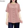 Women Casual Round Neck Short Sleeve Splice Loose Blouse