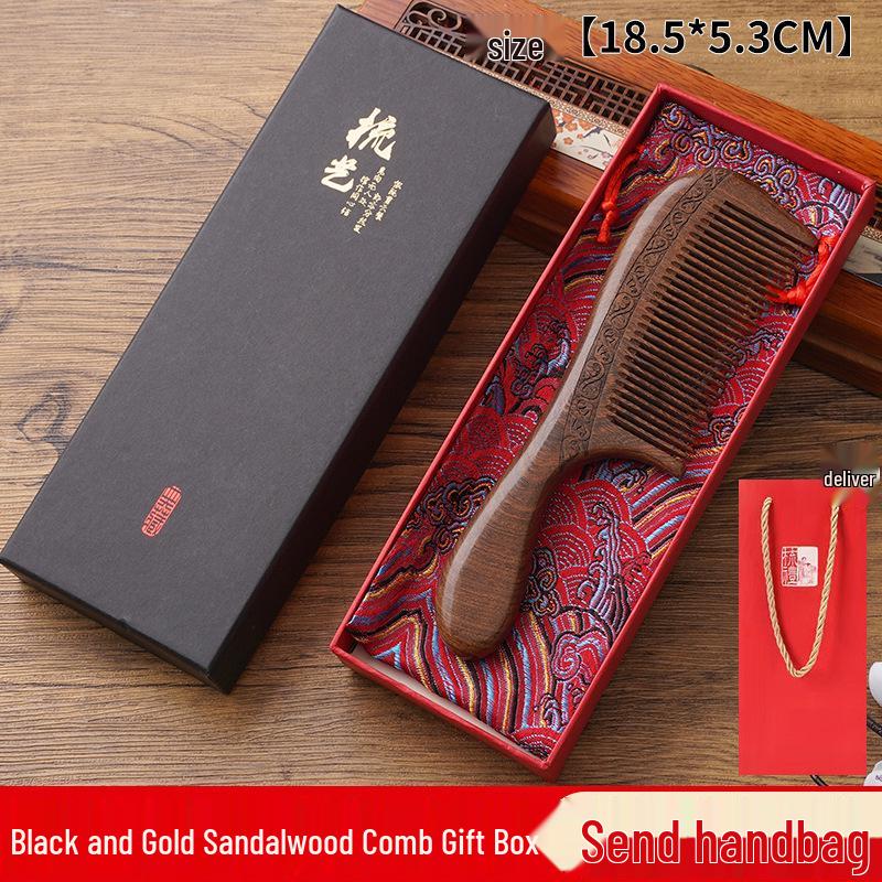 Natürliches Schwarzes Sandelholz mit Goldstaub Doppelseitig Geschnitztes Massagekamm-Set für Damen