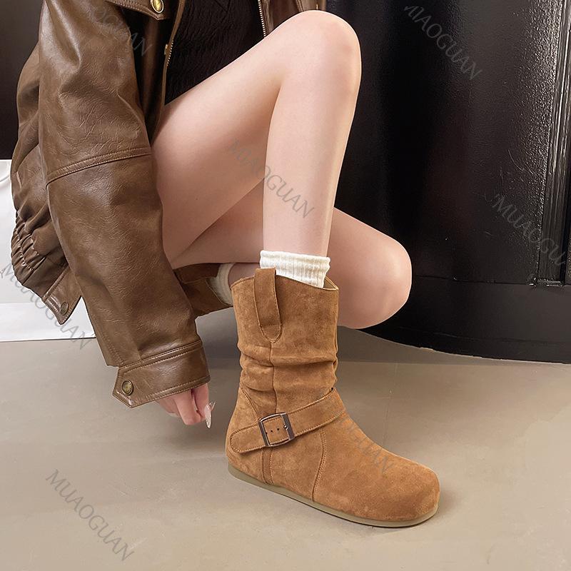 Fashion Retro Stacked Boots Internal Height 3cm Women Autumn Shoes Suede Flat Bottom Casual Slip on Metal Buckle Soft Ankle Boots Female