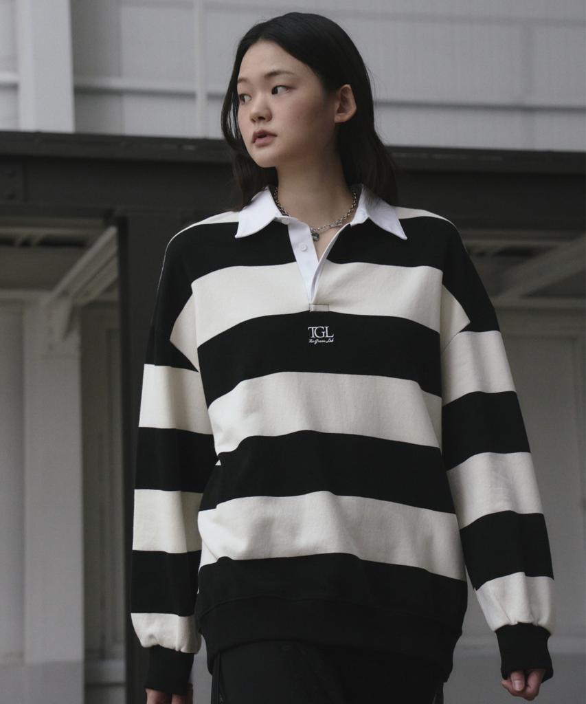 THE GREEN LAB Striped Rugby Collar Sweatshirt [Black]
