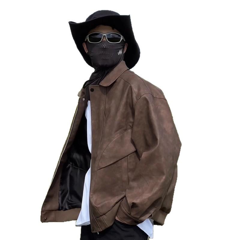 Men's Maillard Brown Waterproof Leather Biker Jacket - Spring/Autumn Turn-Down Collar