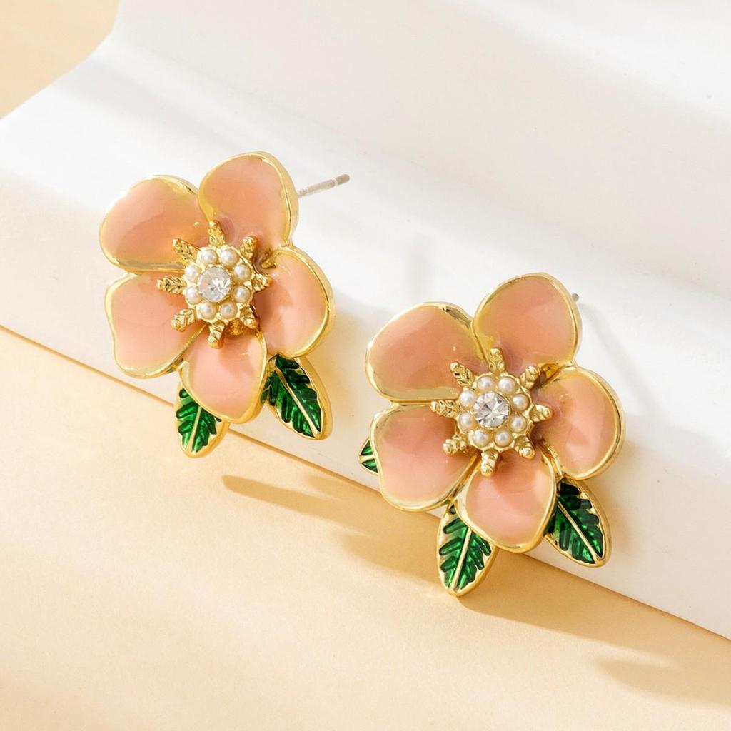 Japanese Oil-Drop Rhinestone 3D Camellia Studs - Women's Elegant Gardenia Earrings