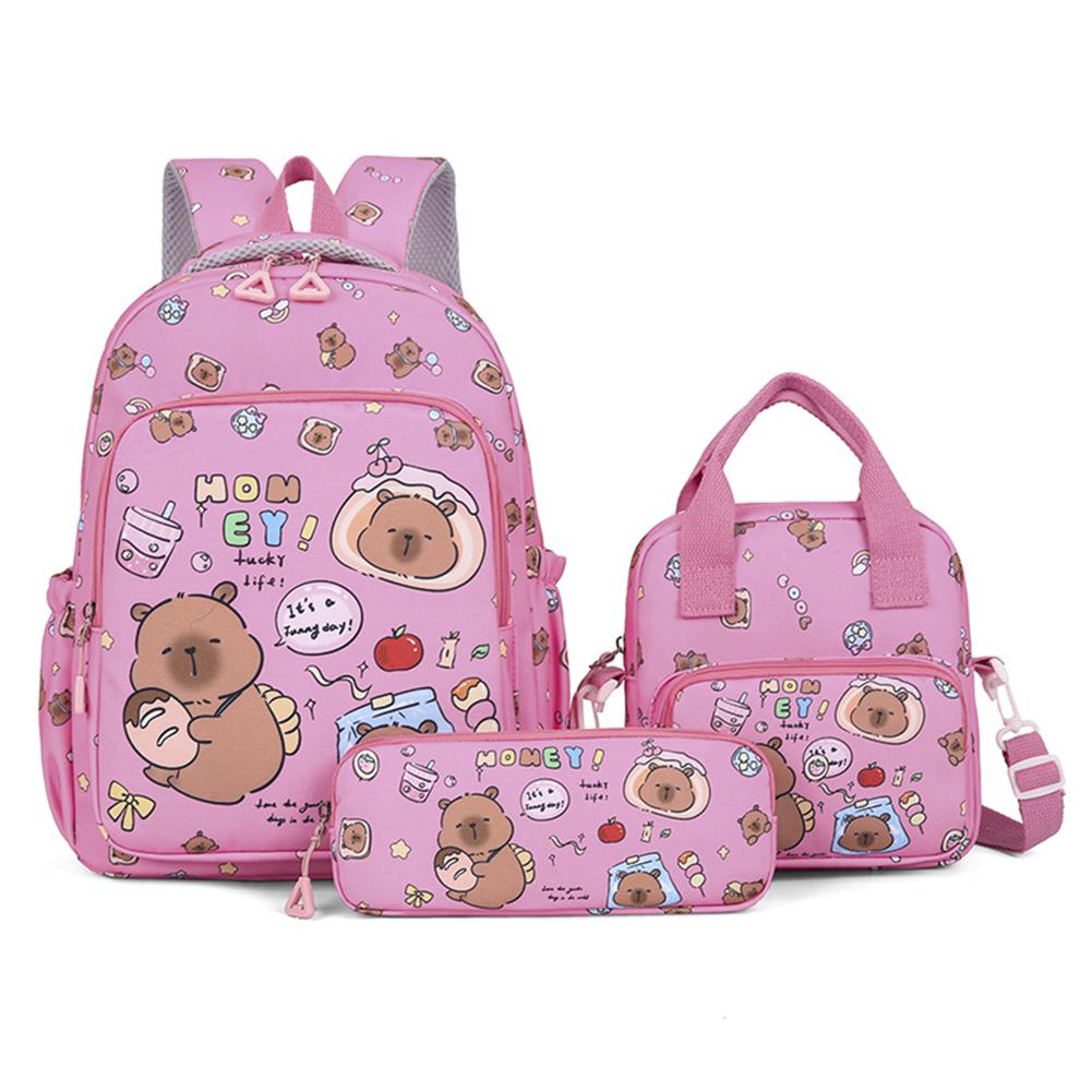 

Cute Large Capacity Capybara Backpack 3Pcs Set Cartoon Breathable Student Schoolbag Nylon Ultra-light Book Bag for kid Teenage рожевий червоний колір
