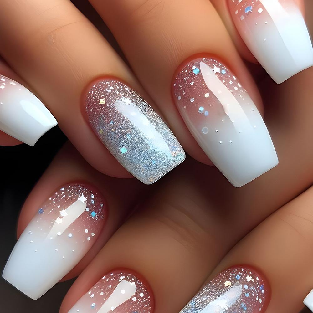 24 Pcs Pink Gradient Square Press On Nails Medium Length Ballet Fake Nail Tips Reusable Wearable False Nails