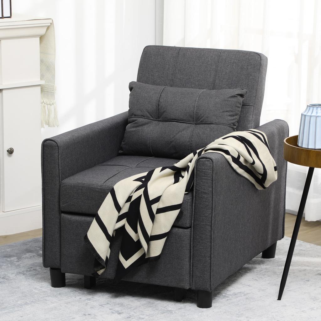 1-Seater 3-in-1 Convertible Armchair Backrest Adjustable In 3 Positions Pillow Included 2 Side Pockets 69x82x85cm Grey