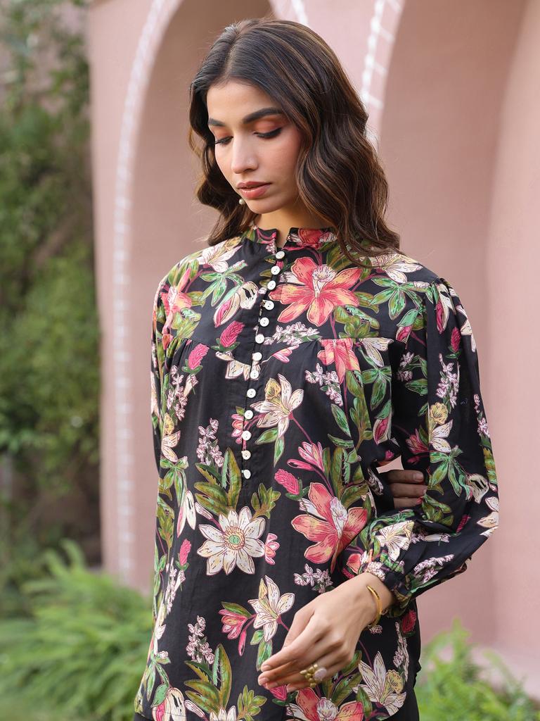 Black Floral Print Mandarin Collar Cotton Top
