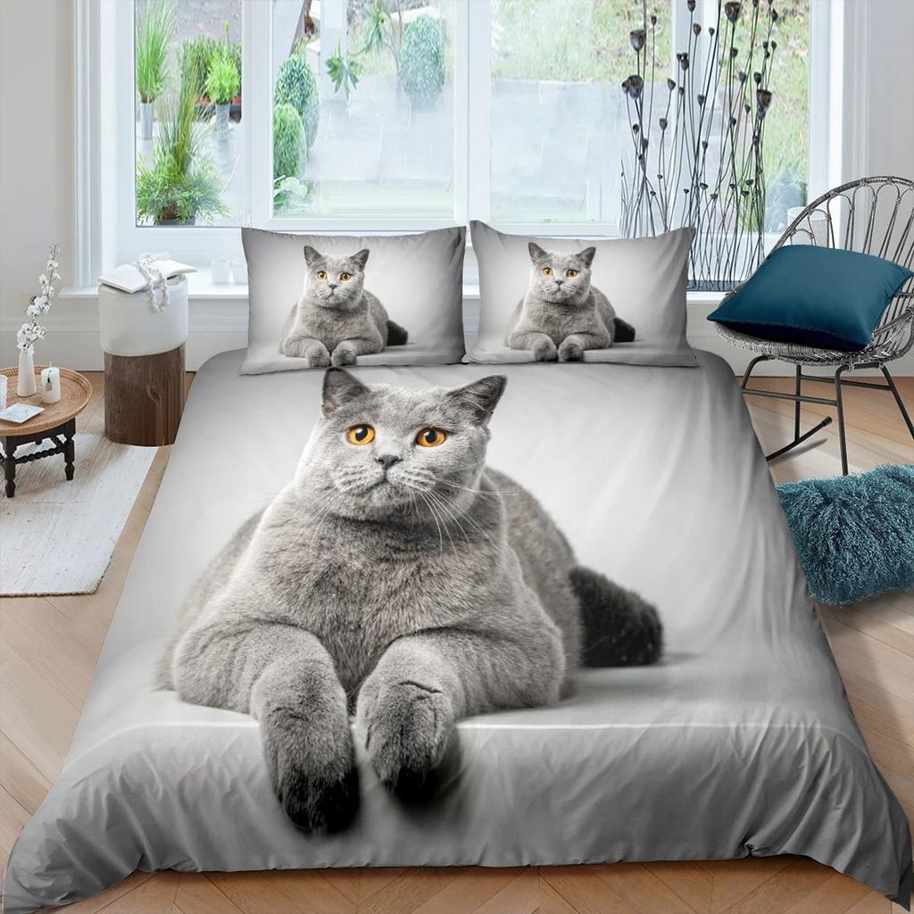 Kids Cat Duvet Cover Queen Size,Cartoon Kitten Sleeping on Crescent Moon Stars Night Dreams Polyester Comforter Cover for Kids