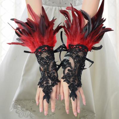 Gant Long en dentelle fausse plume, 1 pièce, Sexy, manches en maille gothique, mitaine brodée pour fête d'halloween, accessoire de scène pour femme