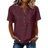 Women’s Striped Print Henley Neck Button Front Short Sleeve Cotton Linen Shirt with Chest Pocket Casual Fit Top