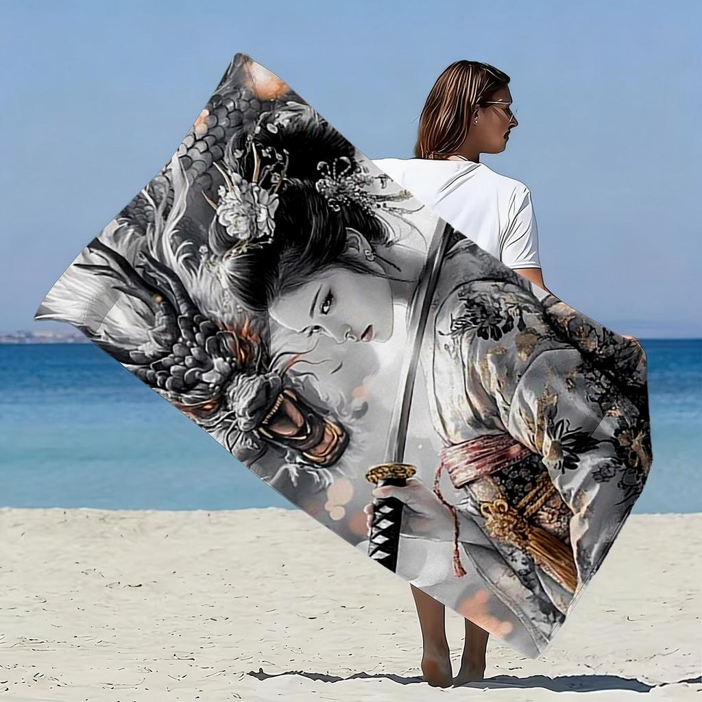 Japanese Geisha Beach Towel, Samurai Warrior with Dragon, Traditional Kimono Art, Quick Dry Microfiber, Sand Free, Unique Gift