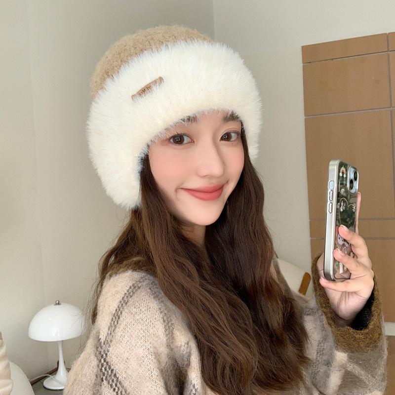 Hat Women's Big Head Circumference Knitted Wool Hat Winter Warm Thickened Plush Hat Versatile Contrasting Color Ear Protector Cold Hat