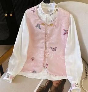 New Chinese style vest shirt 1116 new high-end light luxury retro buckle embroidery temperament