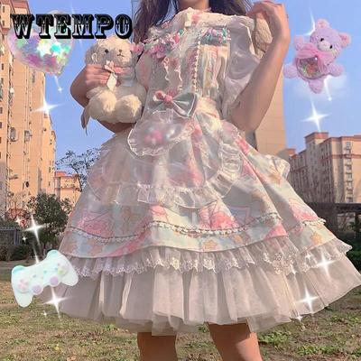 Kawaii Suspender Dress Harajuku Japonský pastelový gotický potisk Šaty Candy Print Prasečí potisk Roztomilé Lolita šaty Letní šaty DDLG Stars Tumblr Gift
