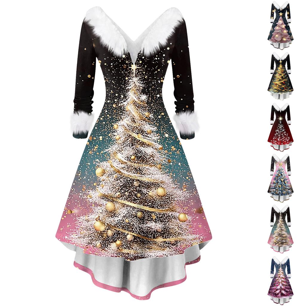 Women's Fashion Elegant Autun And Winter Long Sleeve V-Neck Christmas Print Dress