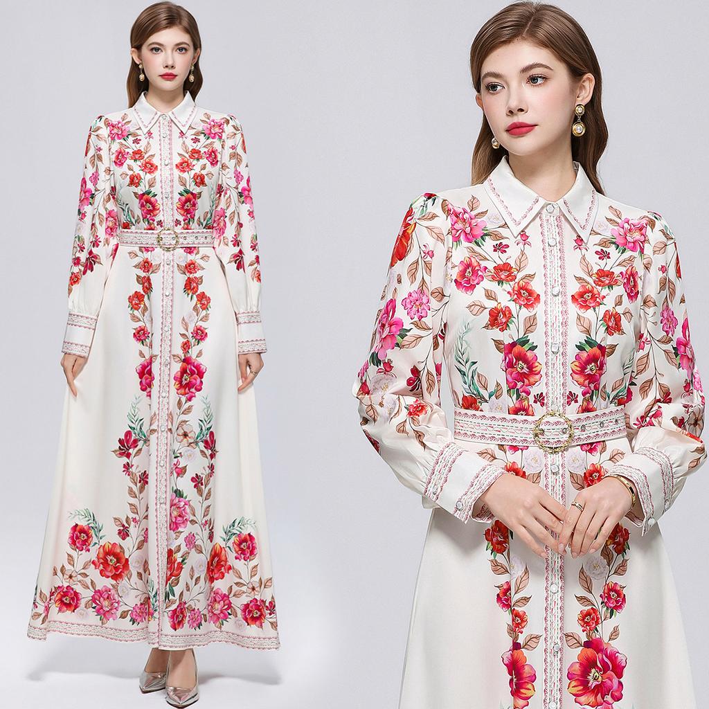 Spring Autumn French Holiday Style Long Sleeve Dress Shirt Women's Turn Down Neck Floral Print Single Breasted Belt Maxi Dress