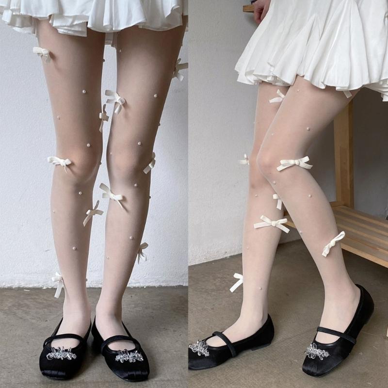 Women Sweet Sheer Pantyhose Stockings Cute Mini Bowknot Pearls Beaded Thin Nylon Tights Soft Breathable Leggings