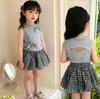 Korean Summer Sweet Set: Bowknot Vest & Plaid Ruffle Skirt for Girls 2025