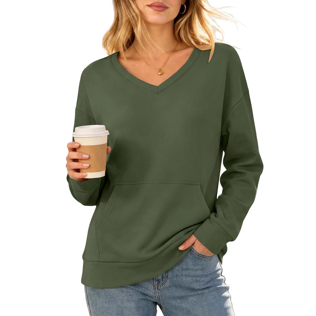 Women's Casual V-Neck Long Sleeve Pullover Sweatshirt with Pockets