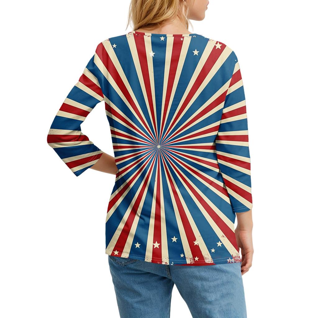 Women's Neck Independence Day Printed Striped Short Sleeve T-Shirt Top
